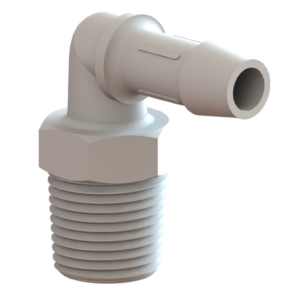 ELBOW, 3/8" NPT x 3/8" BARBED WHITE PLASTIC