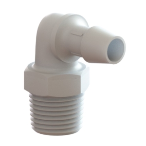 ELBOW, 1/2" NPT x 1/2" BARBED WHITE PLASTIC