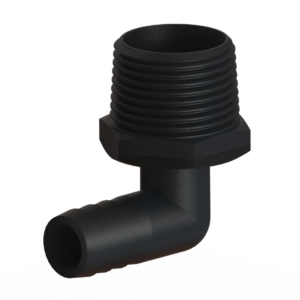 ELBOW, 3/4" NPT x 1/2" BARBED BLACK PLASTIC